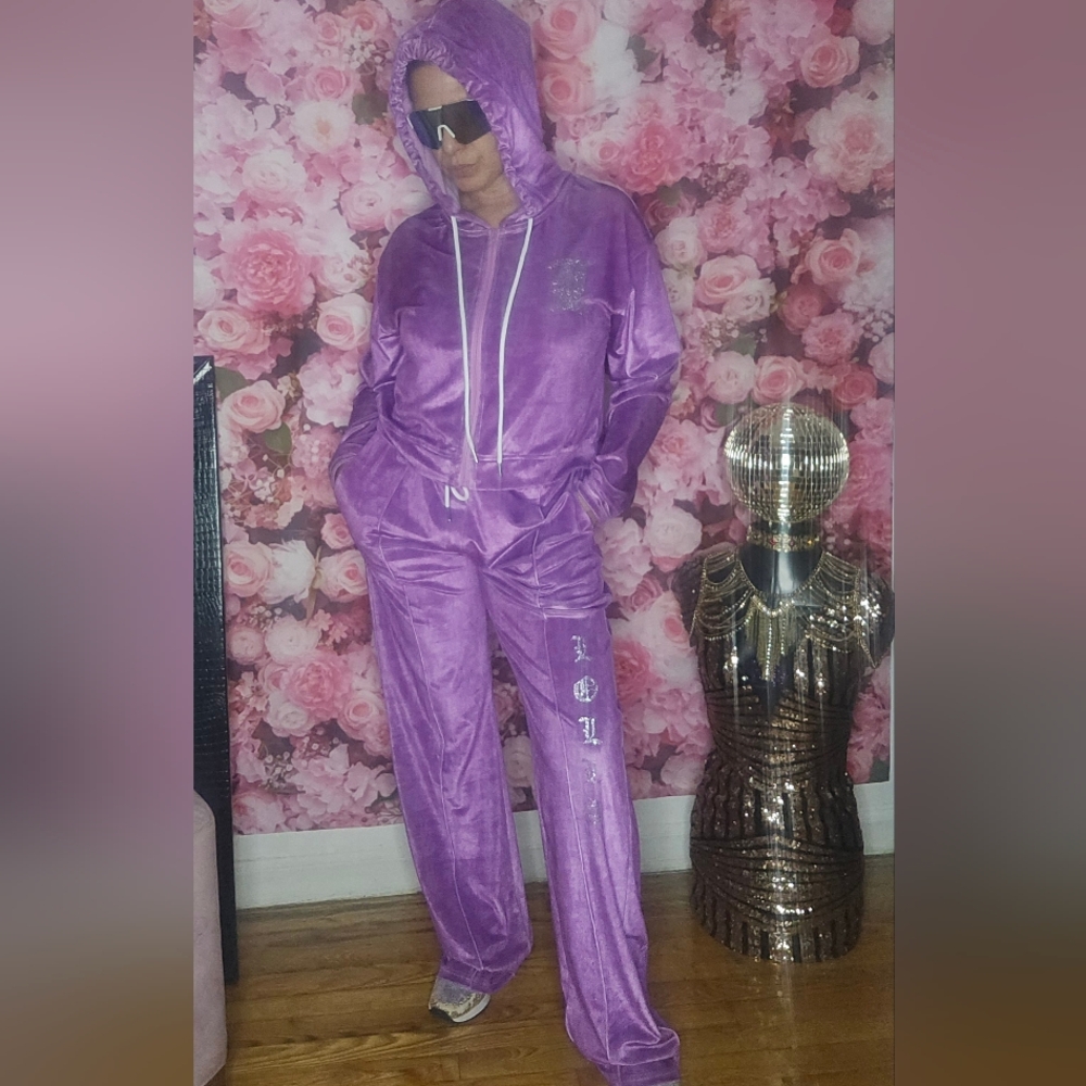 LOLLAPALOOZA Velour Rhinestones track suit Size Small NEW purple relaxed fit